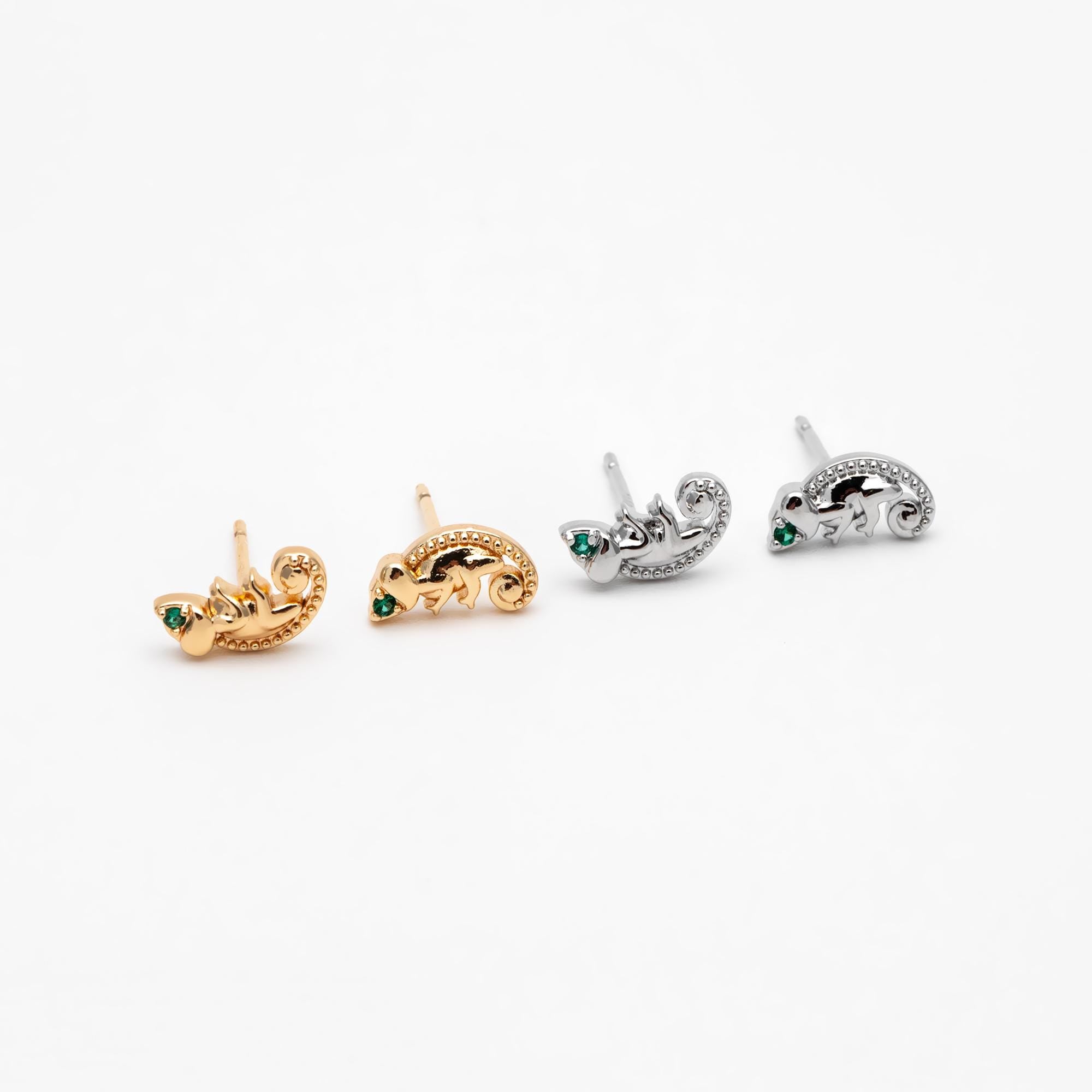 10pcs CZ Pave Gold/ Silver Tone Chameleon Earrings, 18K Real Gold/ Rhodium plated Brass, Lizard Stud Earrings (GB-4658)